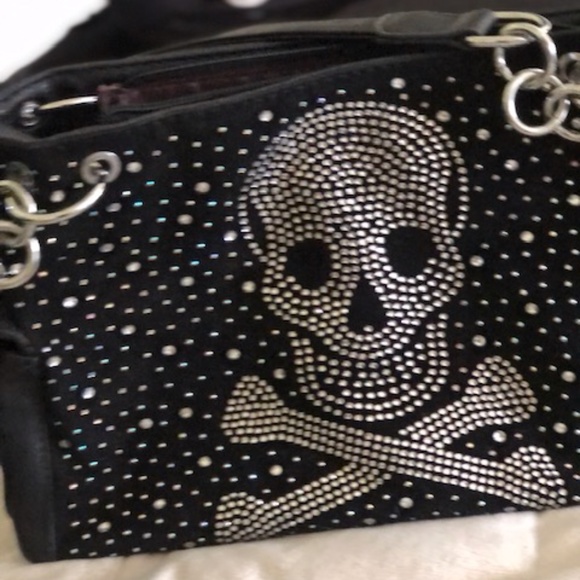 UNIQUE BLACK LEATHER HANDBAG WITH SKULL & RHINESTONES & STUDS - Picture 6 of 9